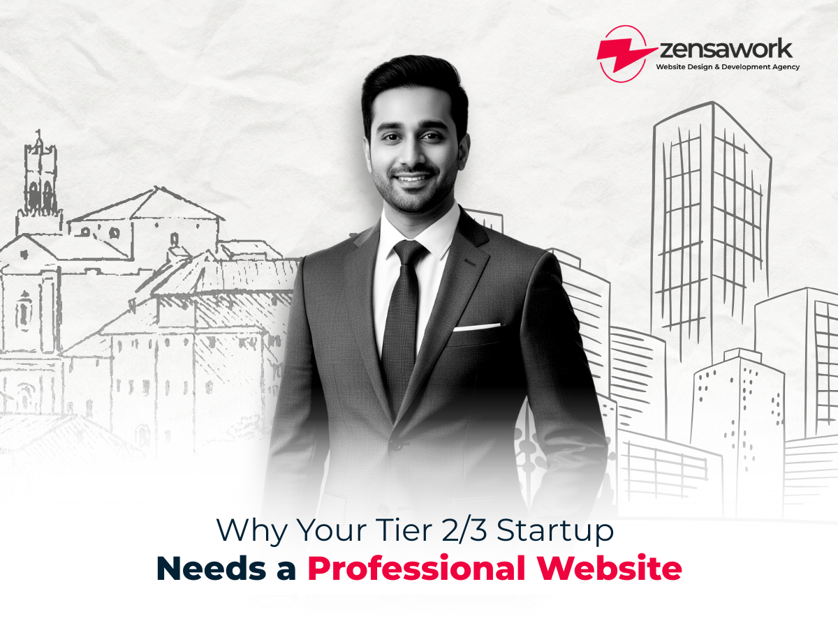 Young founders from Tier 2 city working on laptops, showing how every startup needs a professional website to compete nationally.