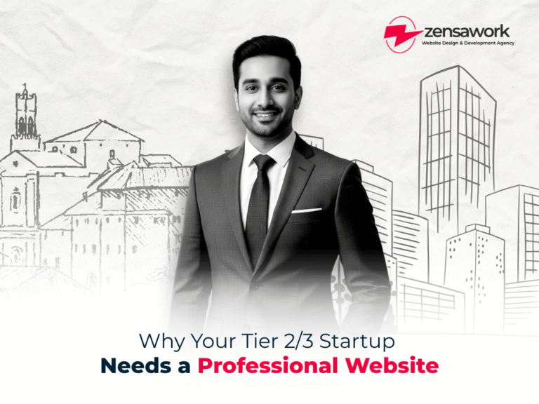 Young founders from Tier 2 city working on laptops, showing how every startup needs a professional website to compete nationally.