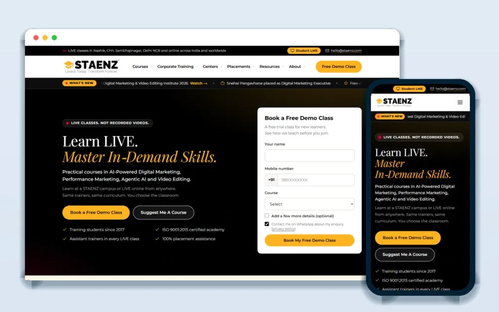 STAENZ Academy website on desktop and mobile