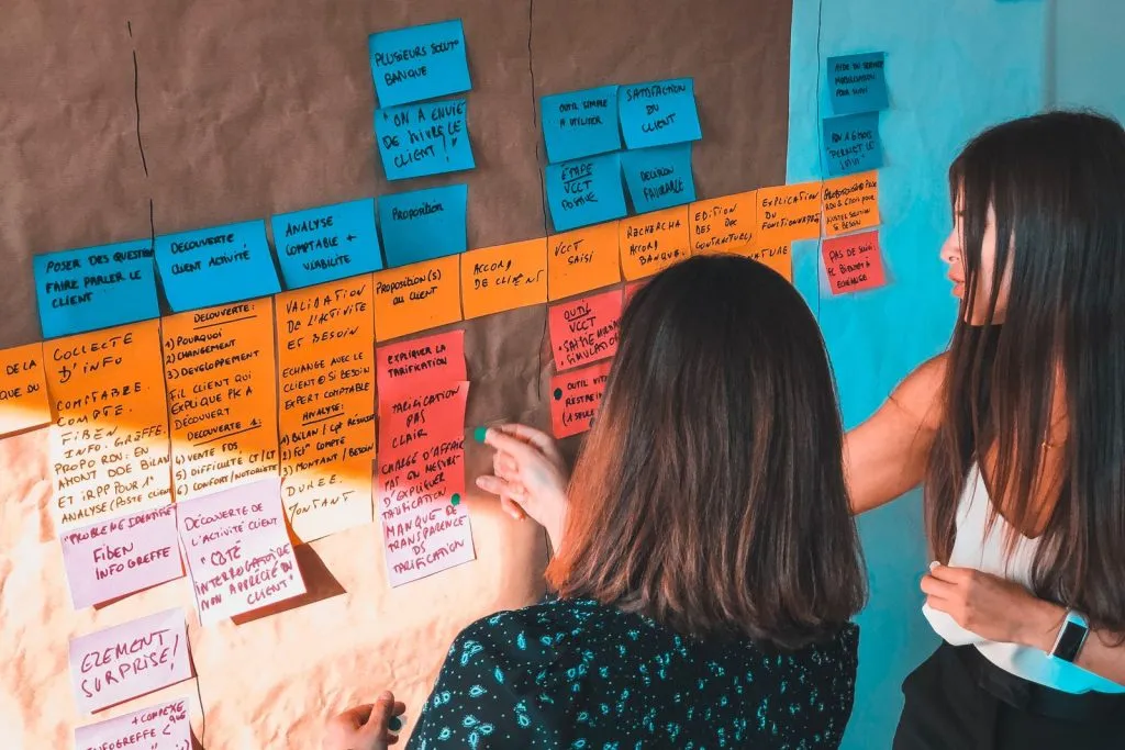 Strategy workshop mapping a customer journey with sticky notes
